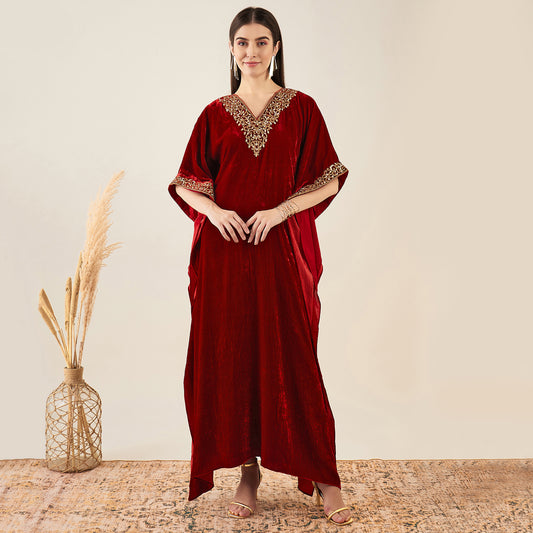 Red Embroidered Silk Velvet Full Length Kaftan