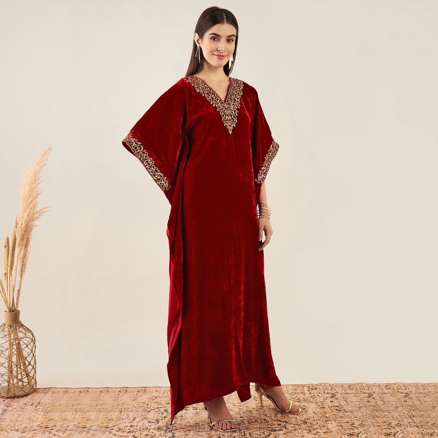 Red Embroidered Silk Velvet Full Length Kaftan