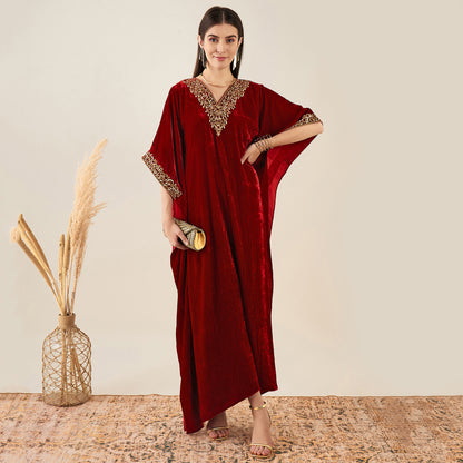 Red Embroidered Silk Velvet Full Length Kaftan