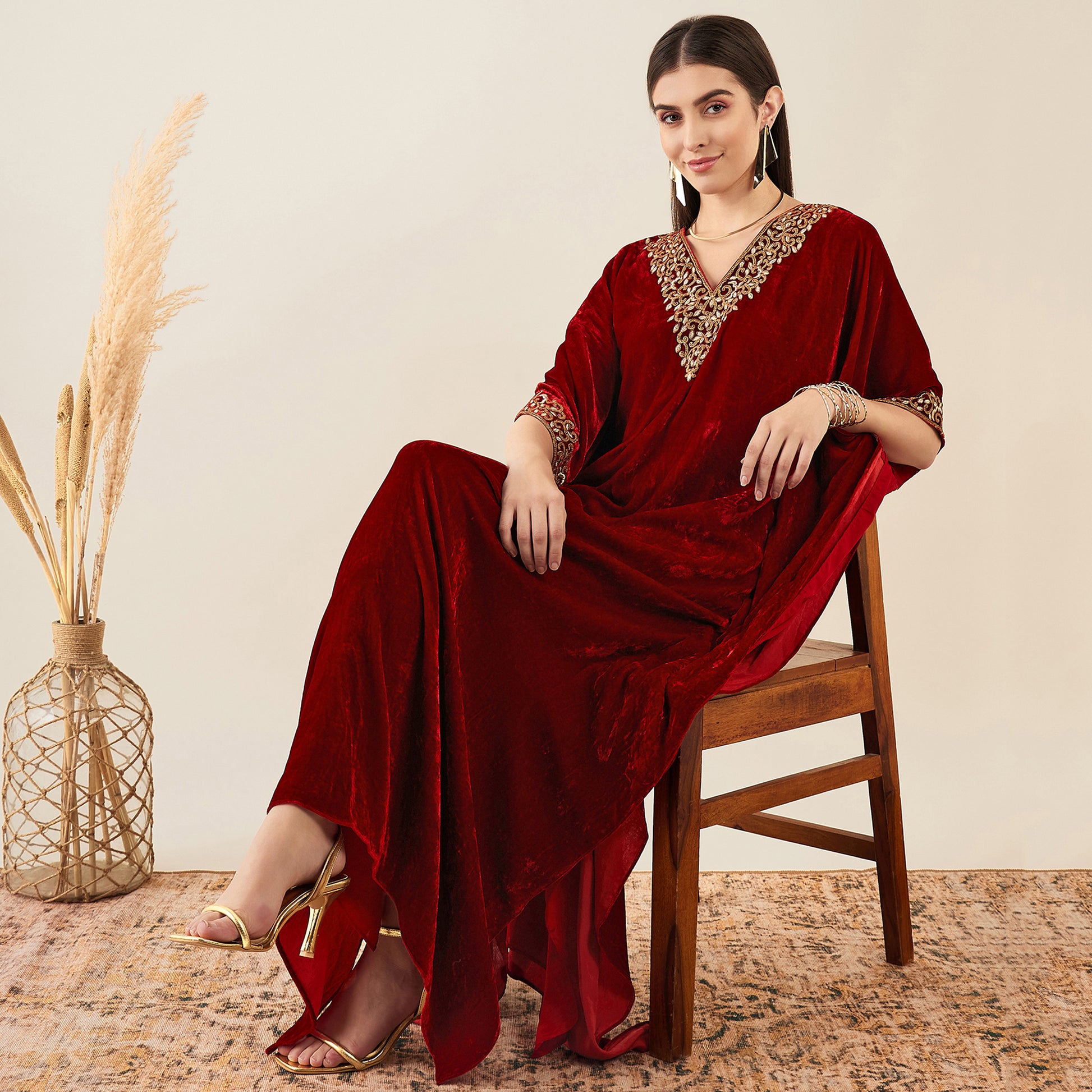 Red Kaftan Dress — Full Length Silk Velvet