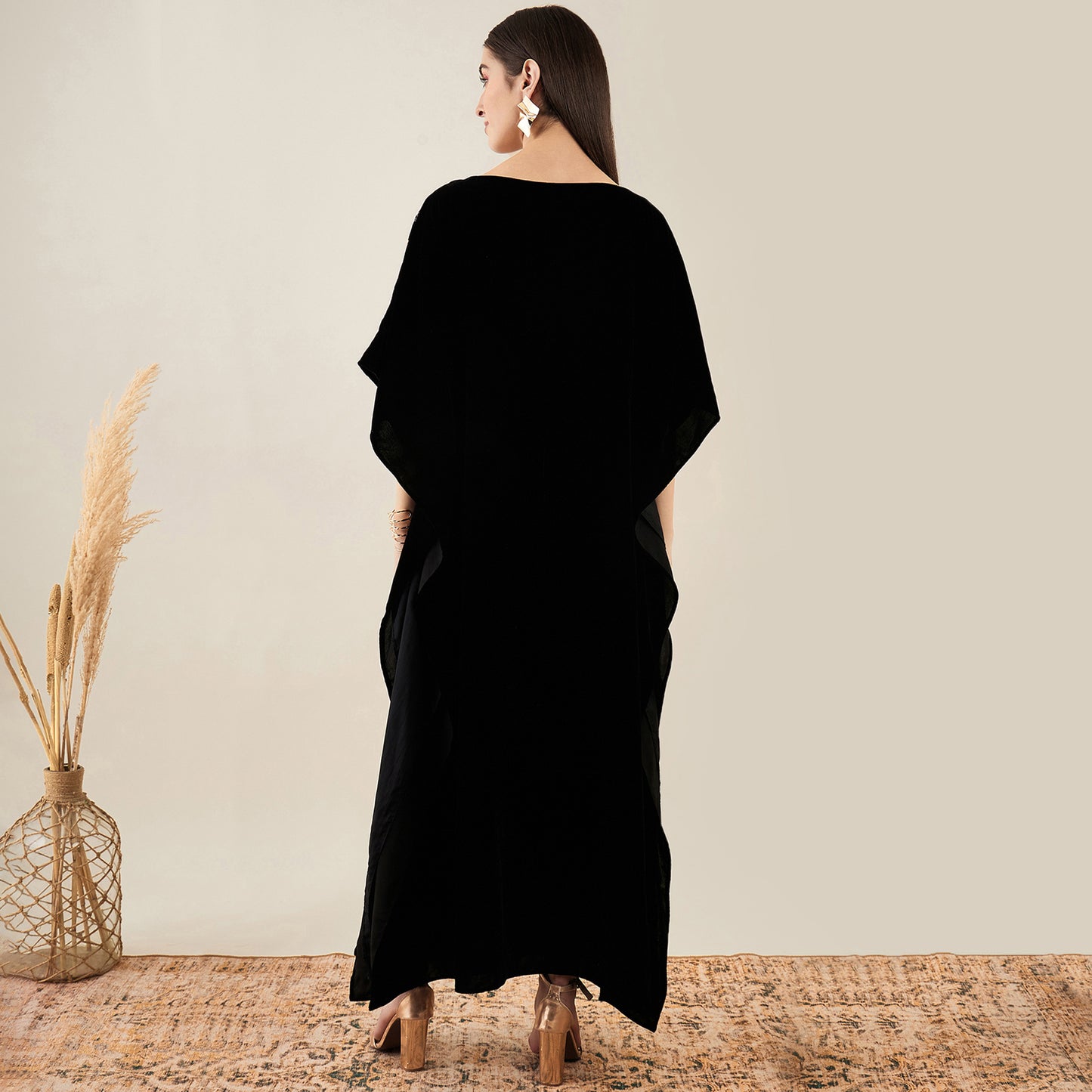 Black Embroidered Silk Velvet Full Length Kaftan