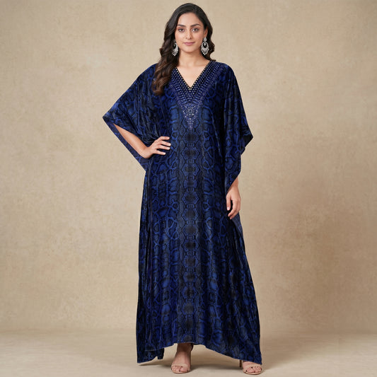 Blue Animal Print Kaftan for Women – Embellished | First Resort by Ramola Bachchan