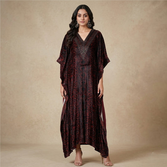 Brown Animal Print Kaftan for Women – Embellished | First Resort by Ramola Bachchan