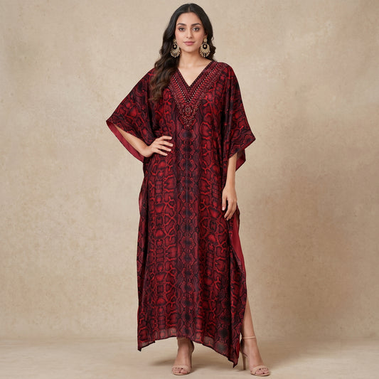 Red Animal Print Kaftan for Women – Embellished | First Resort by Ramola Bachchan
