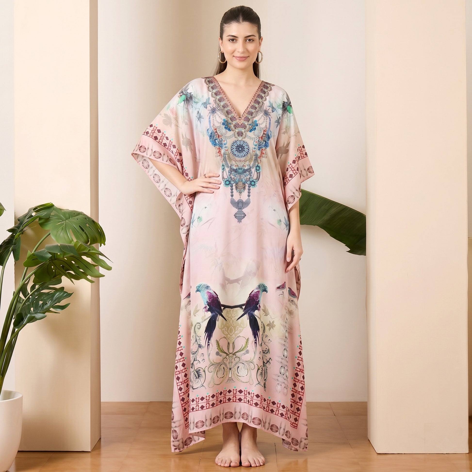 Pink Bird Print Kaftan for Women – Embellished | First Resort by Ramola Bachchan