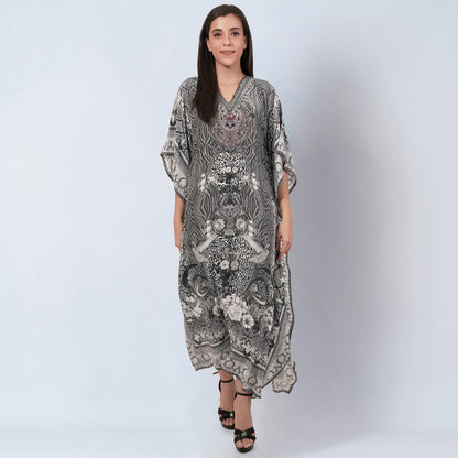Grey Embellished Silk Full Length Kaftan