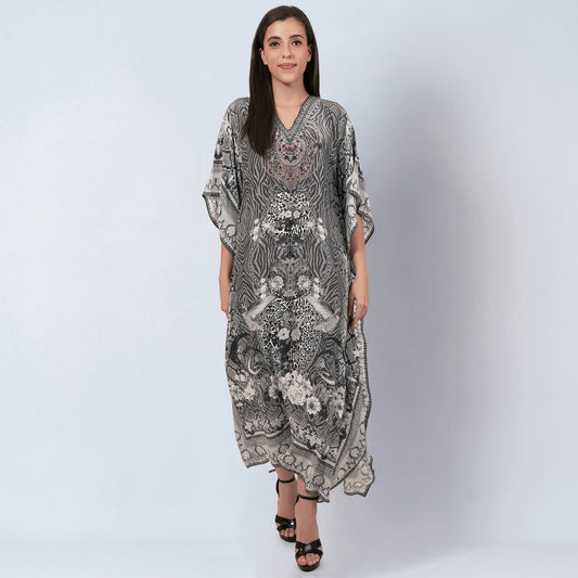 Grey Embellished Silk Full Length Kaftan