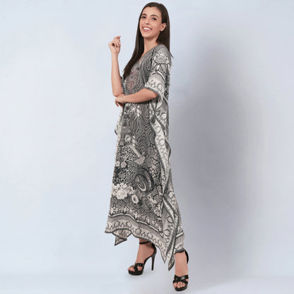 Grey Embellished Silk Full Length Kaftan