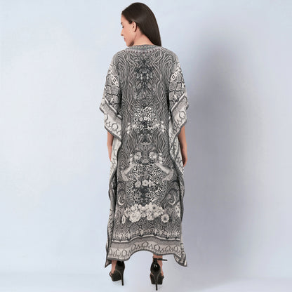 Grey Embellished Silk Full Length Kaftan