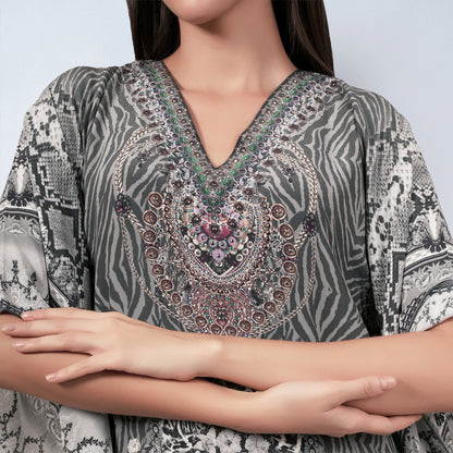 Grey Embellished Silk Full Length Kaftan