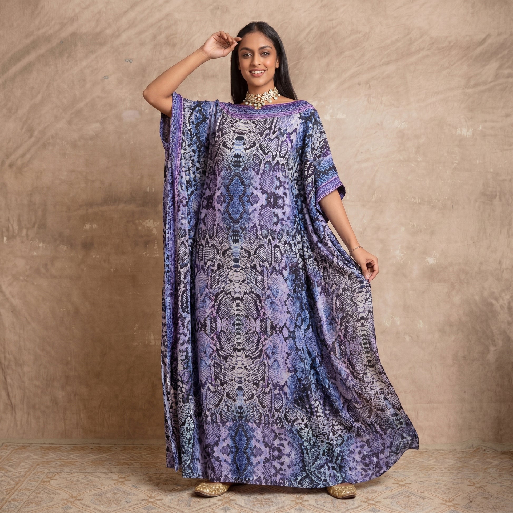 Blue Animal Print Kaftan for Women – Embroidered | First Resort by Ramola Bachchan