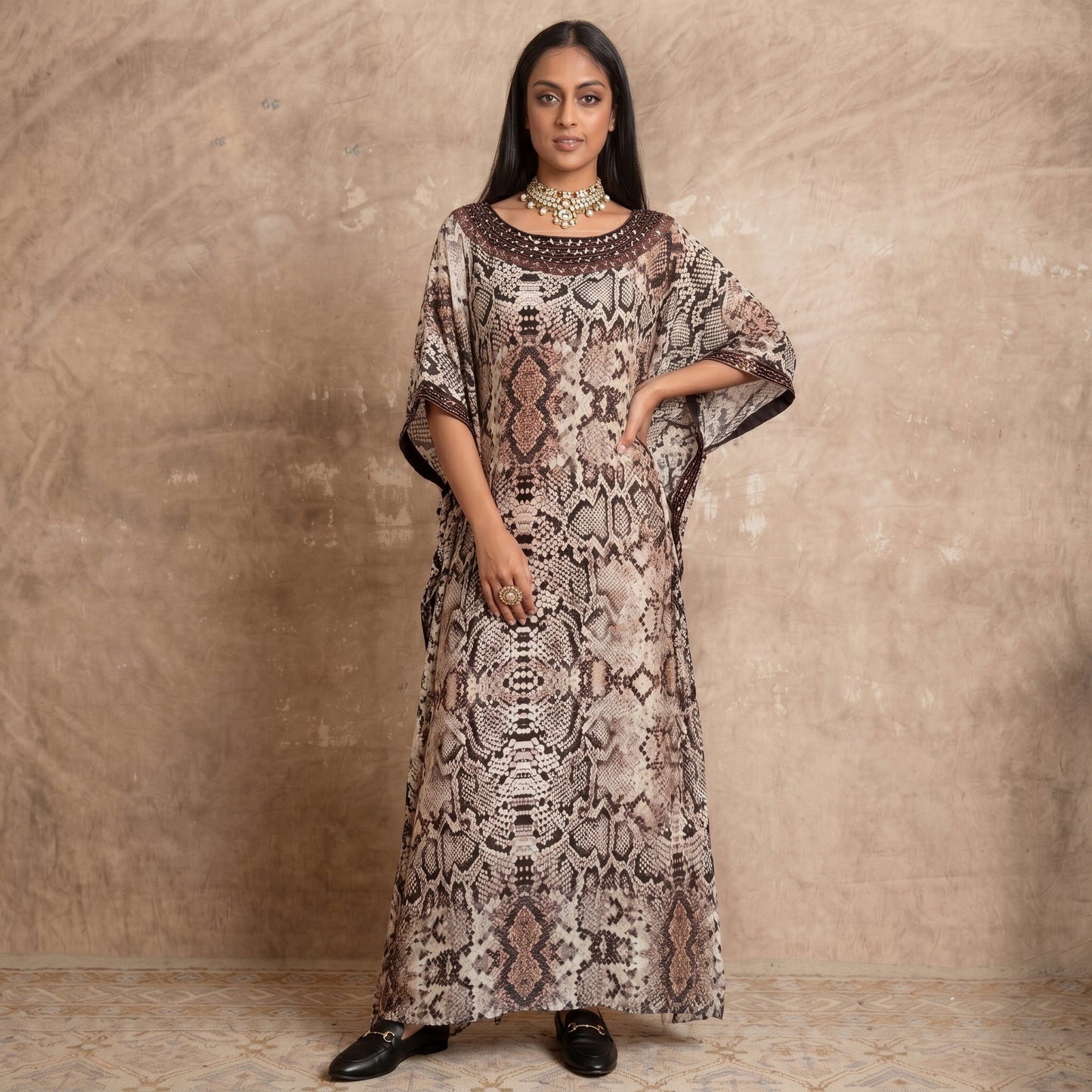 Brown Animal Print Kaftan for Women – Embroidered | First Resort by Ramola Bachchan