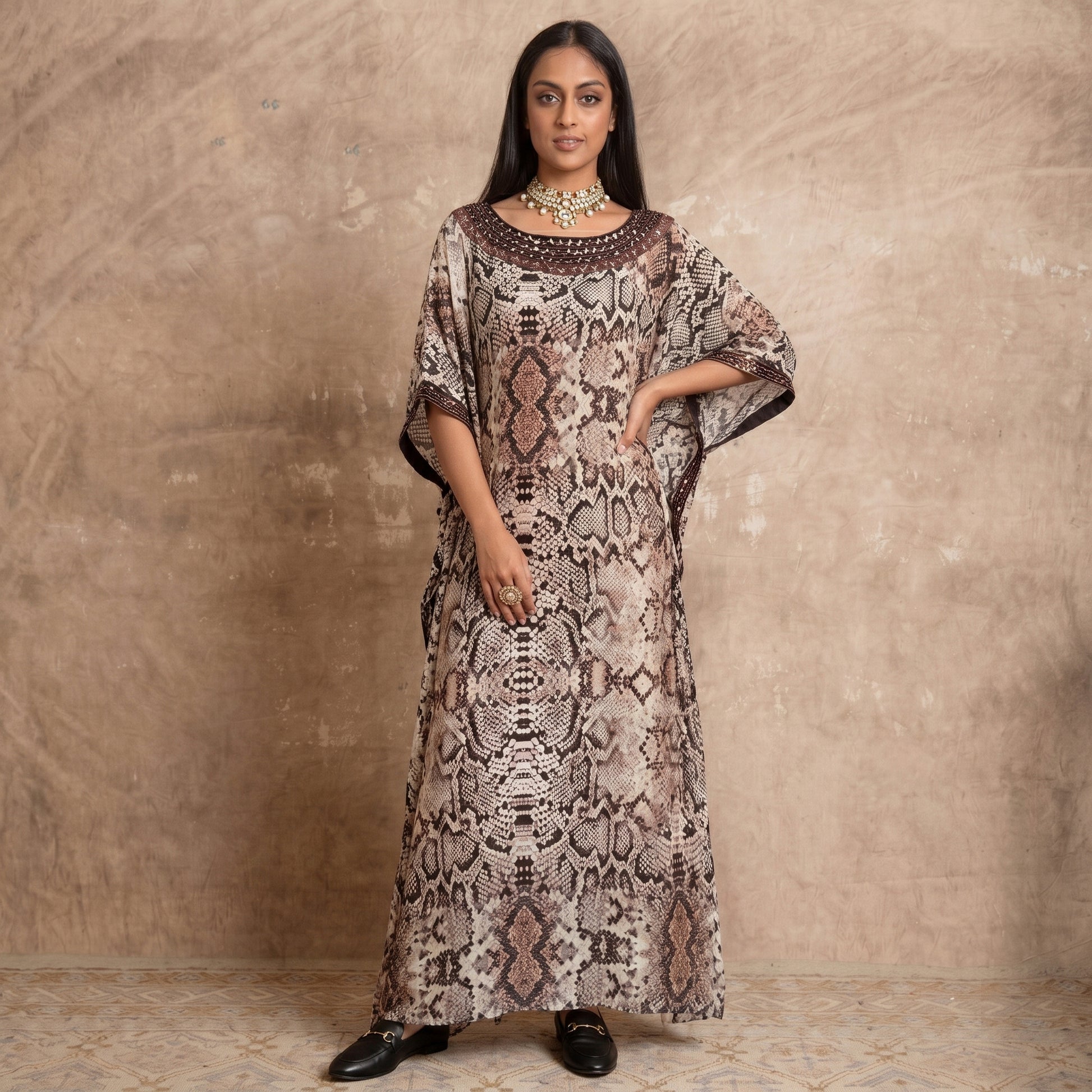 Brown Animal Print Kaftan for Women – Embroidered | First Resort by Ramola Bachchan