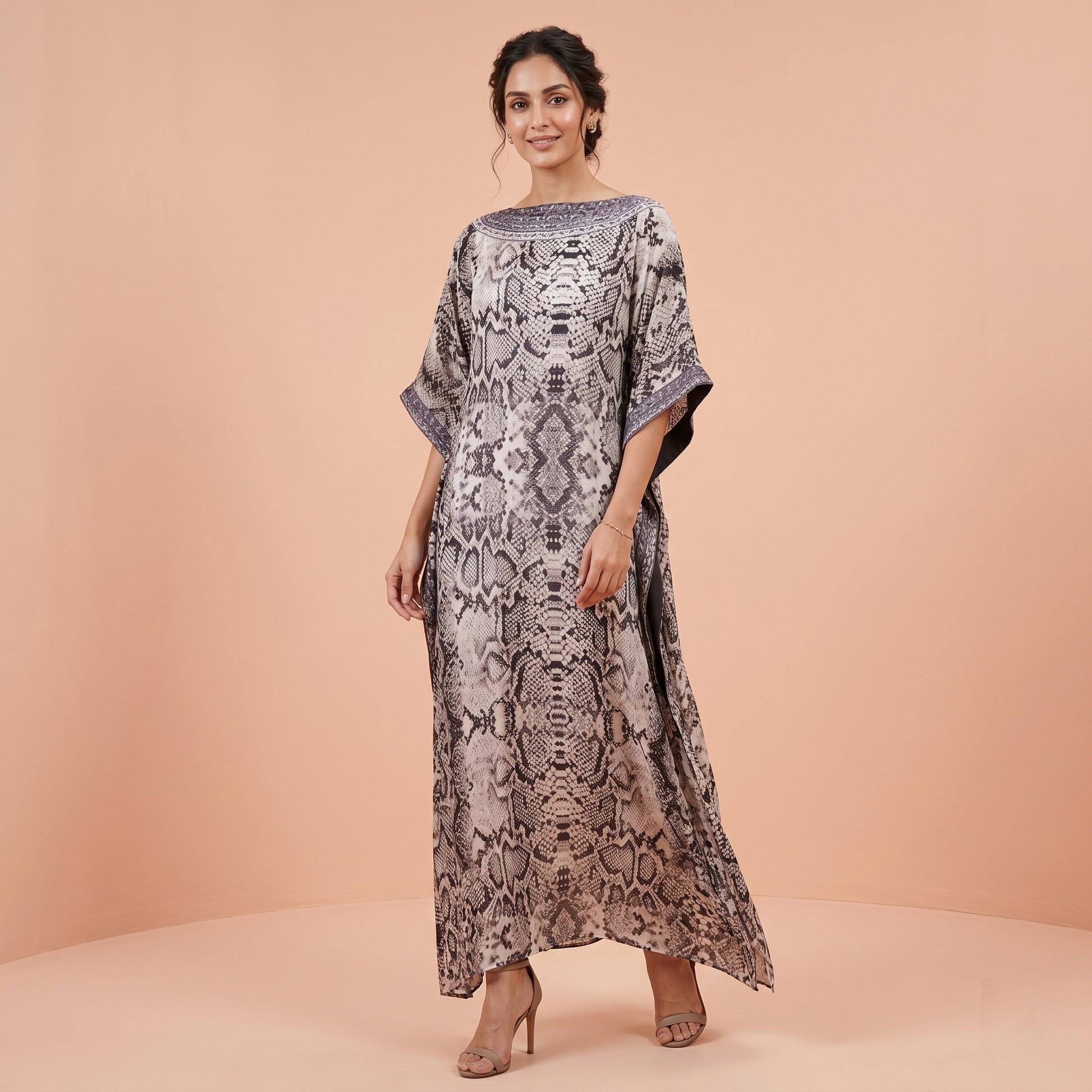 Grey Animal Print Kaftan for Women – Embroidered | First Resort by Ramola Bachchan