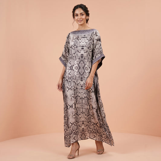 Grey Animal Print Kaftan for Women – Embroidered | First Resort by Ramola Bachchan