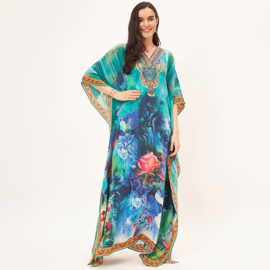 Blue and Green Floral Embellished Full Length Kaftan