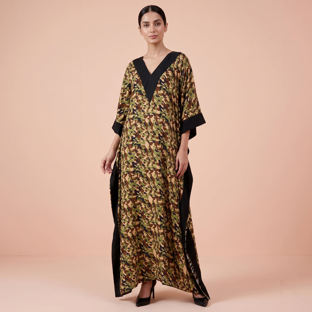 Forest Green Camouflage Print Kaftan for Women – Cotton Modal | First Resort by Ramola Bachchan