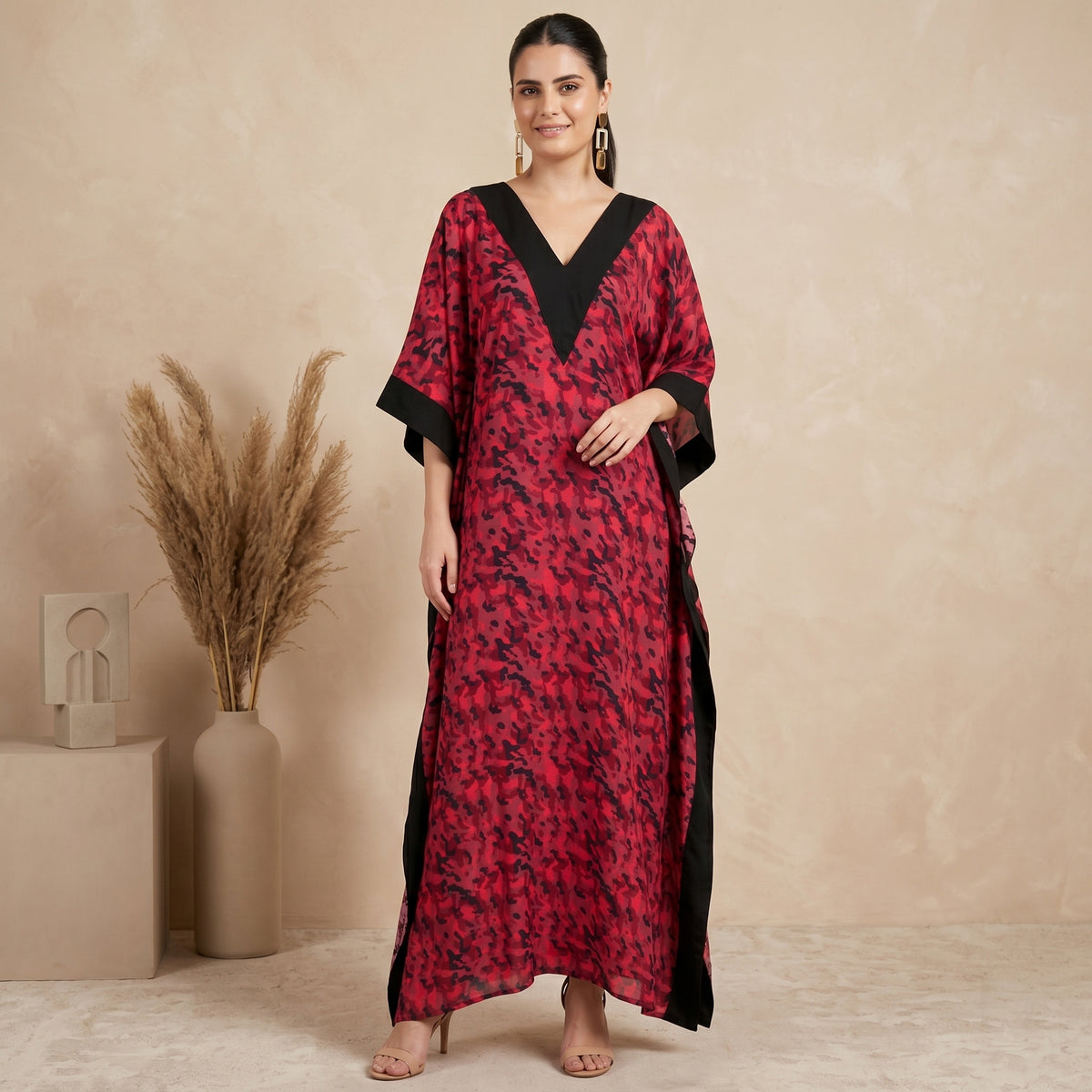 Red Camouflage Print Kaftan for Women – Cotton Modal | First Resort by Ramola Bachchan