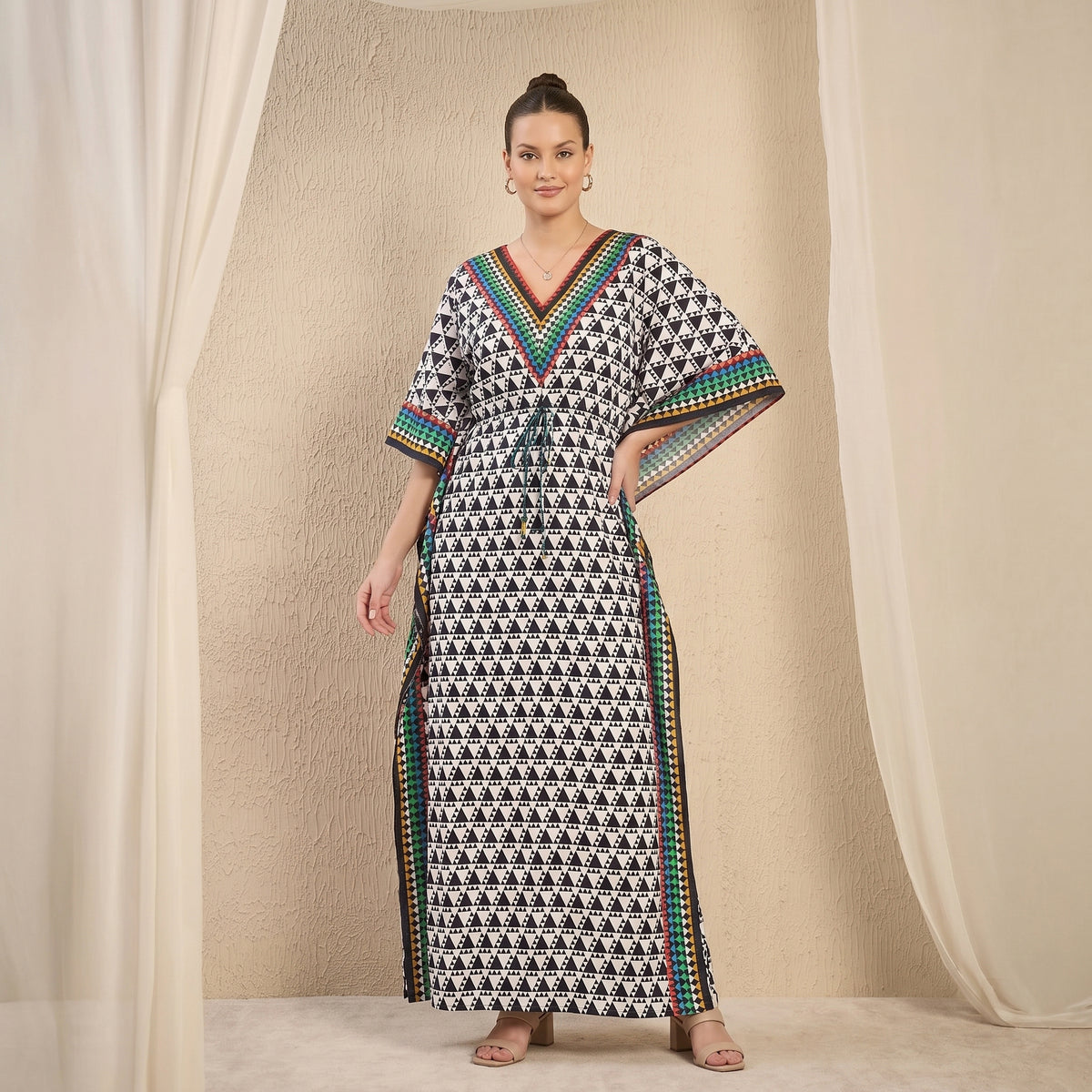 Black Geometric Print Kaftan for Women – Cotton Poplin | First Resort by Ramola Bachchan