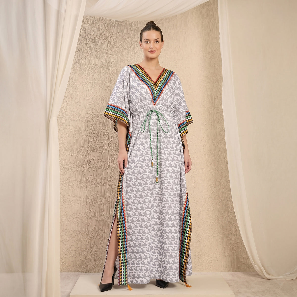 Grey Geometric Print Kaftan for Women – Cotton Poplin | First Resort by Ramola Bachchan