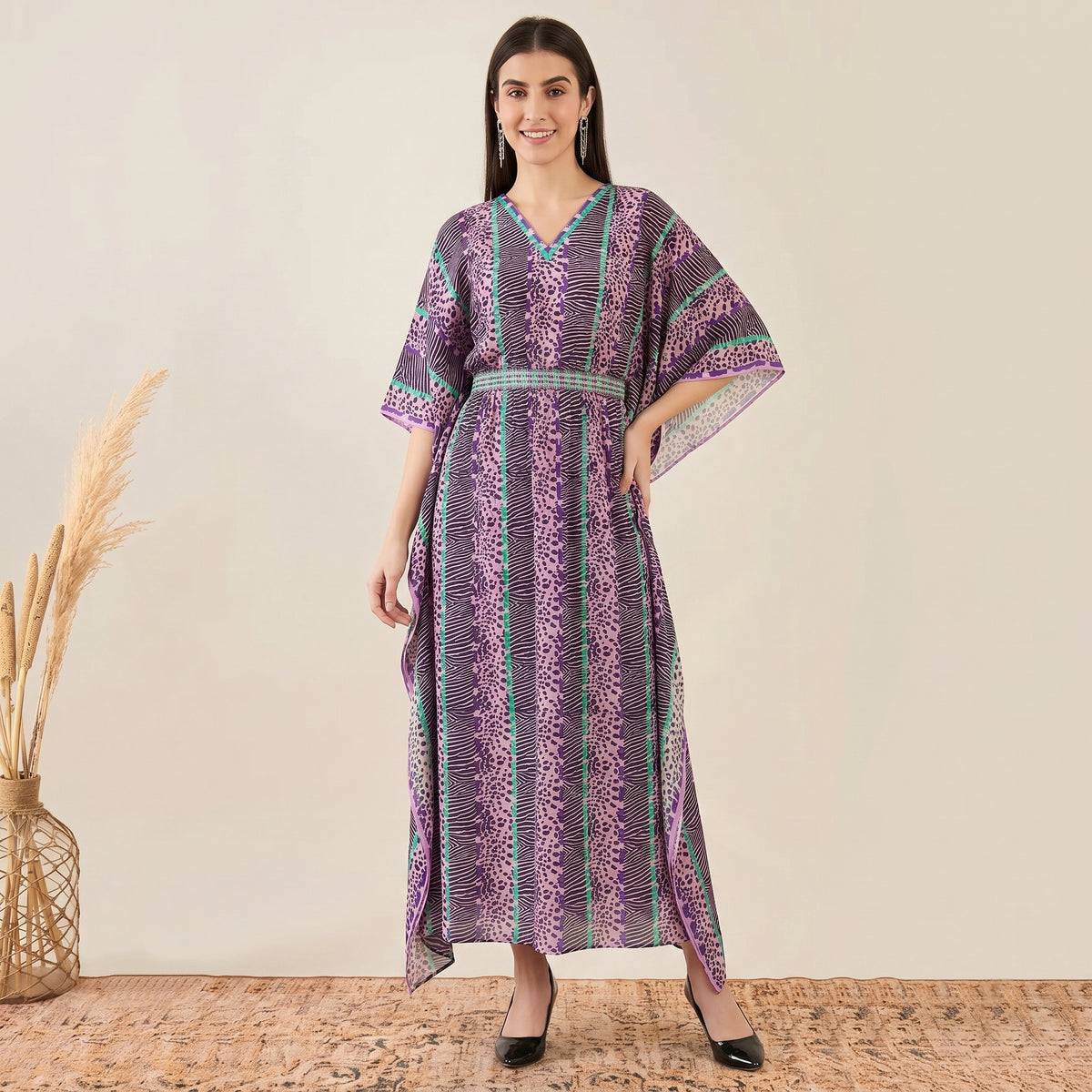 Mauve Animal Print Kaftan for Women – Silk Crepe | First Resort by Ramola Bachchan