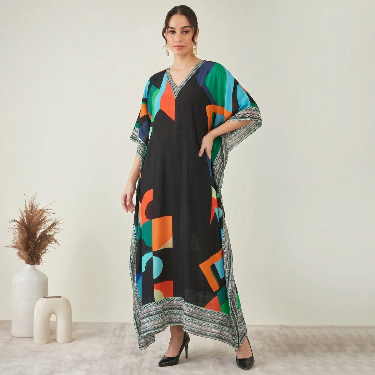 Black Graphic Print Kaftan for Women – Viscose Crepe | First Resort by Ramola Bachchan