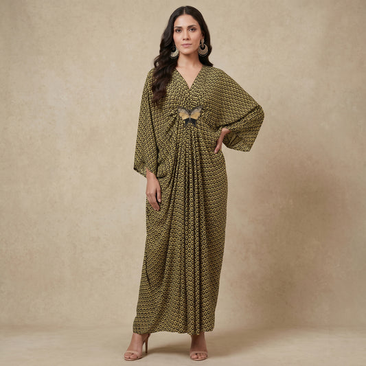 Fluorescent Yellow Honeycomb Print Kaftan for Women – Embroidered | First Resort by Ramola Bachchan
