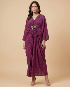 Magenta Honeycomb Print Silk Full Length Kaftan with Butterfly Motif