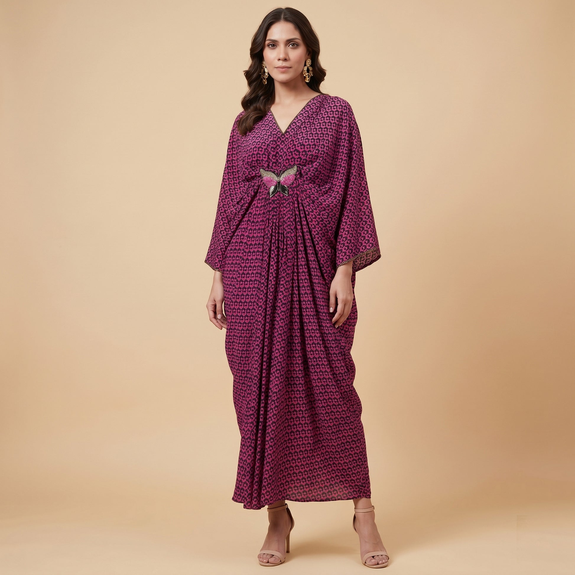Magenta Honeycomb Print Kaftan for Women – Embroidered | First Resort by Ramola Bachchan