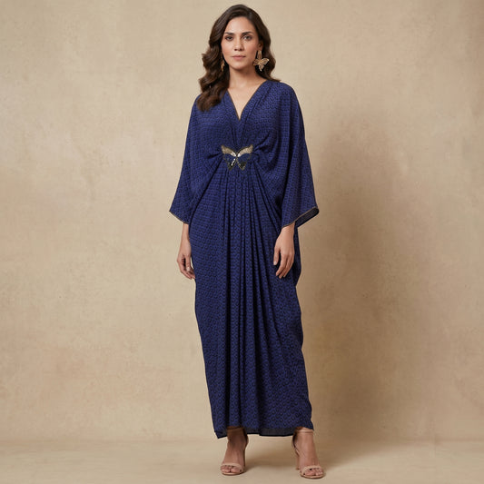 Slate Blue Honeycomb Print Kaftan for Women – Embroidered | First Resort by Ramola Bachchan