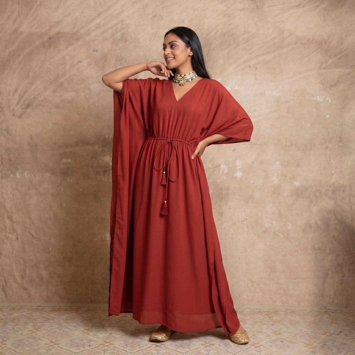Russet Solid Colour With Lurex Inserts Kaftan for Women – Lurex Georgette | First Resort by Ramola Bachchan