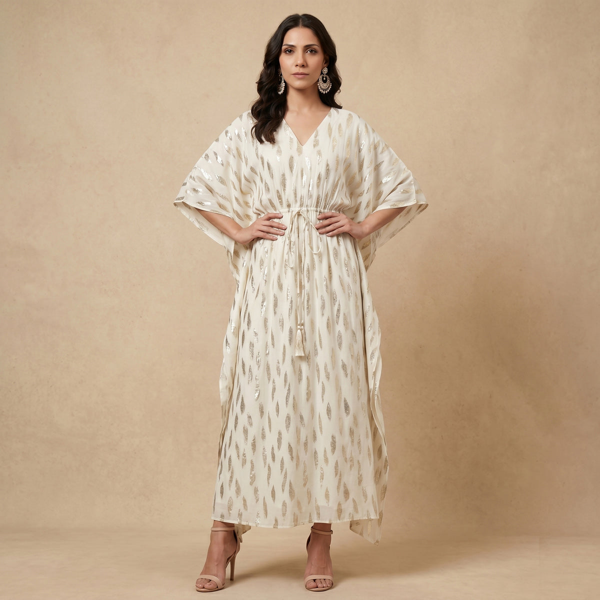 Ivory Solid Colour With Lurex Motifs Kaftan for Women – Lurex Georgette | First Resort by Ramola Bachchan