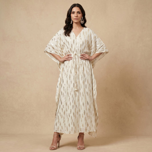 Ivory Lurex with Leaf Motifs Full Length Kaftan