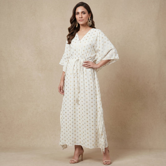 Ivory Lurex with Polka Dot Motifs Full Length Kaftan