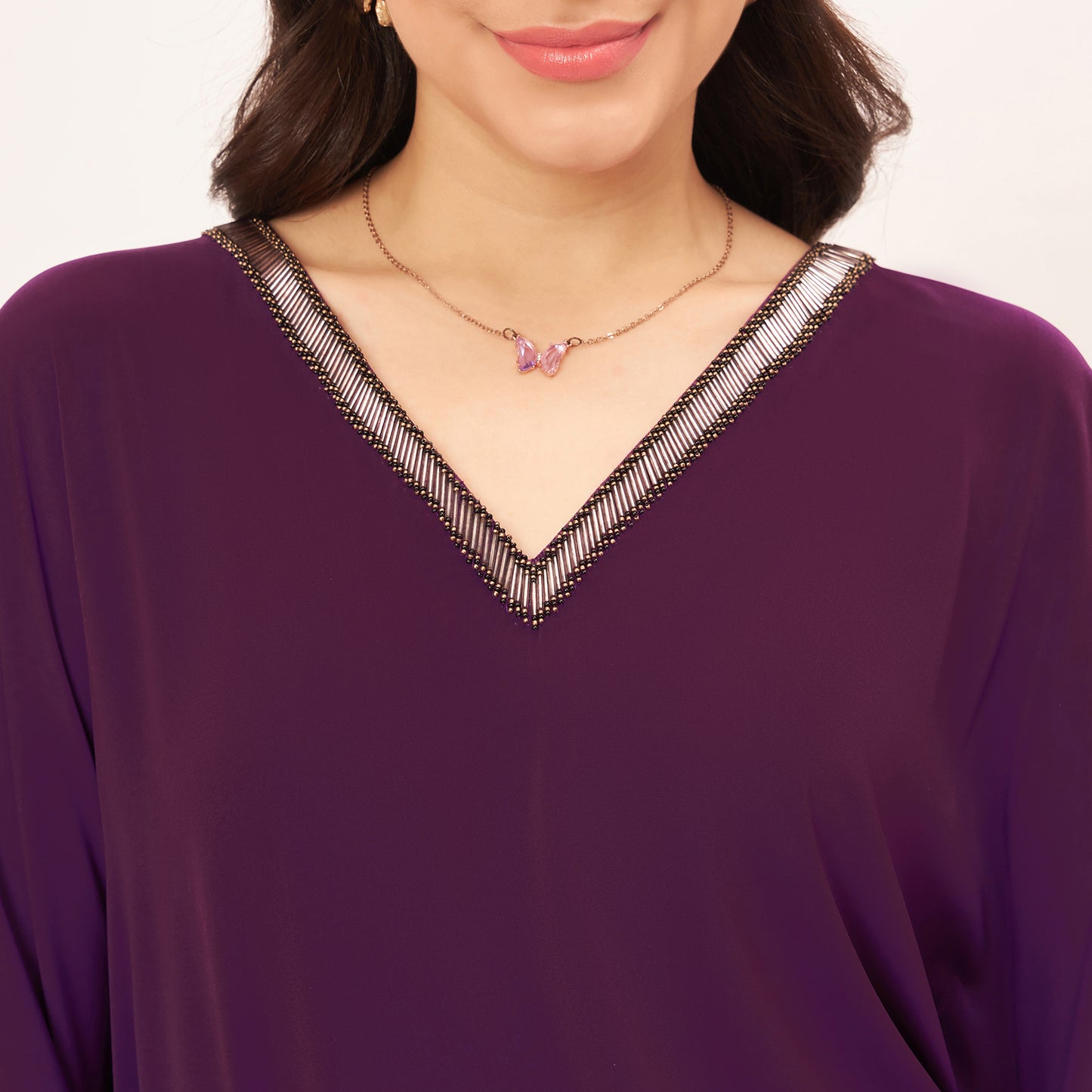 Purple Embroidered Neckline Full Length Kaftan with Belt