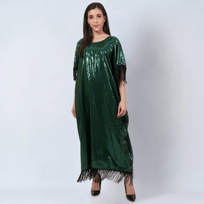 Green Sequin Full Length Kaftan with Fringe Detail