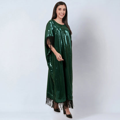 Green Sequin Full Length Kaftan with Fringe Detail