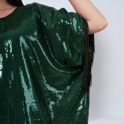 Green Sequin Full Length Kaftan with Fringe Detail