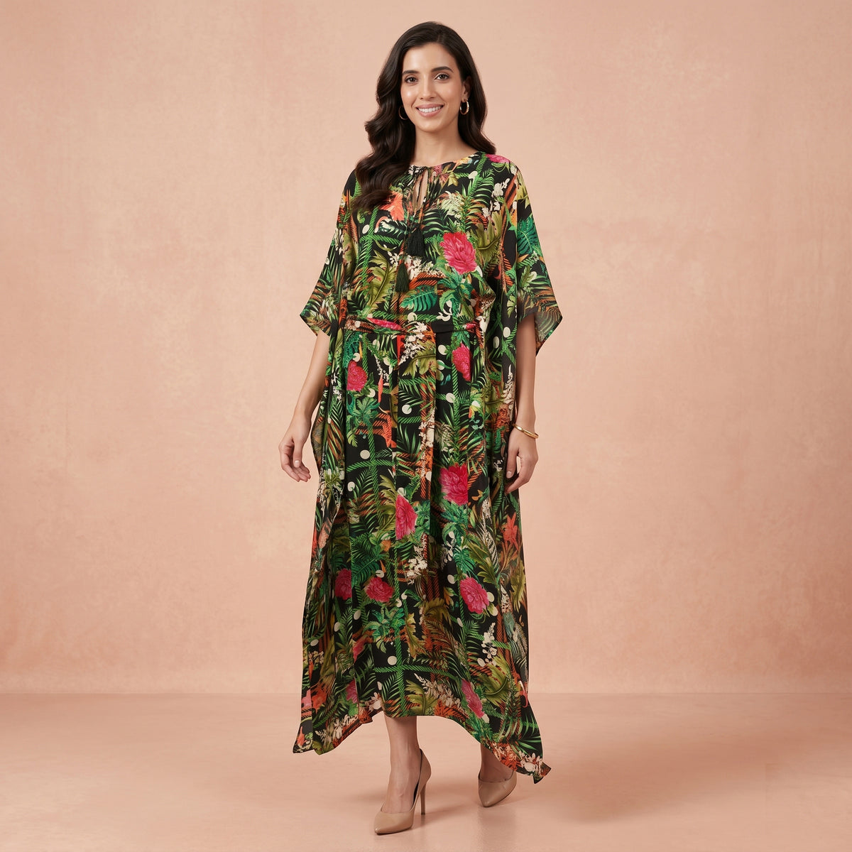 Green And Black Jungle Print Kaftan for Women – Viscose Crepe | First Resort by Ramola Bachchan
