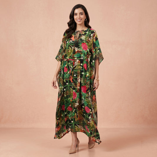 Green And Black Jungle Print Kaftan for Women – Viscose Crepe | First Resort by Ramola Bachchan