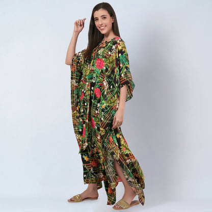 Green and Black Jungle Print Full Length Kaftan