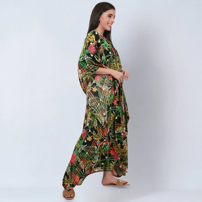 Green and Black Jungle Print Full Length Kaftan