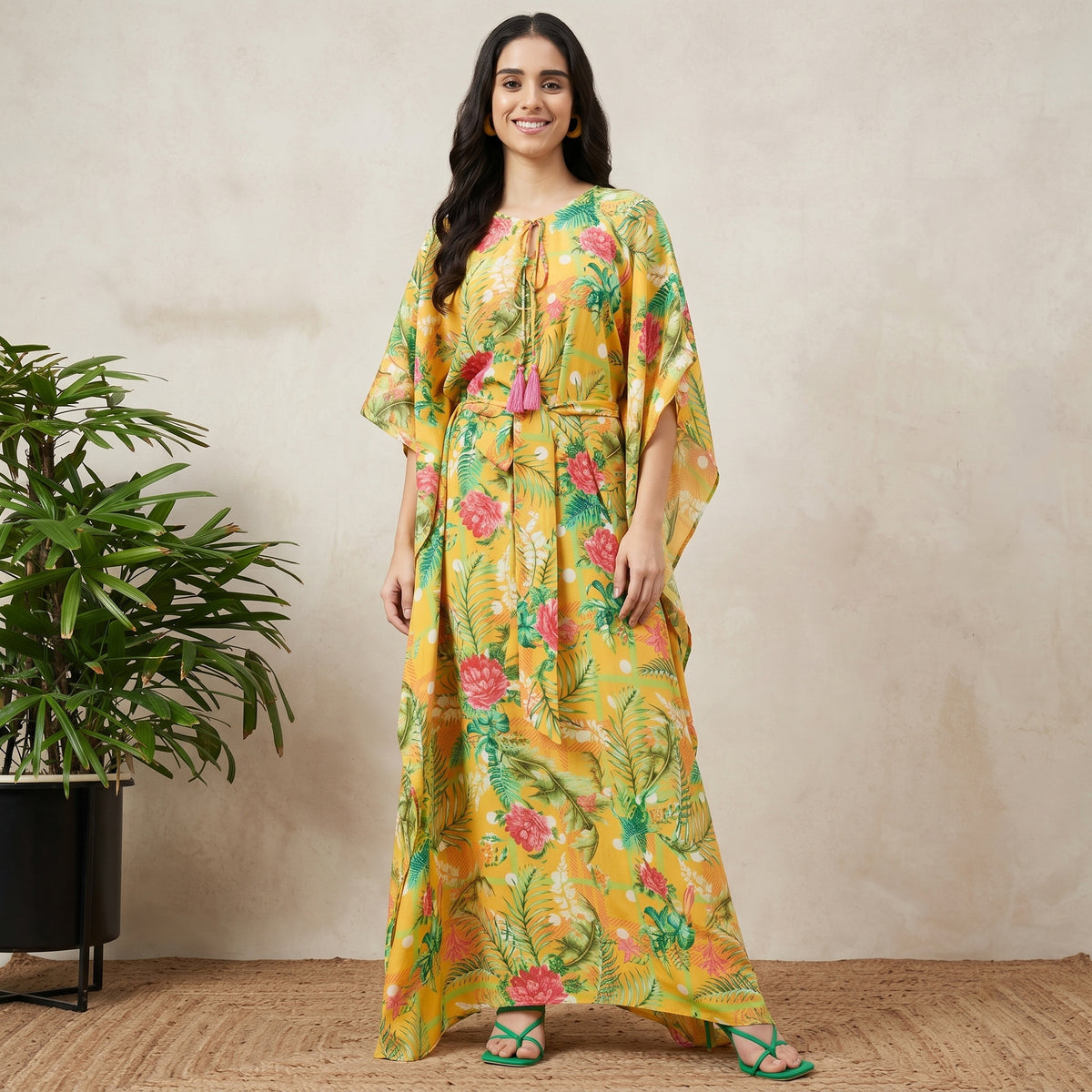 Yellow And Green Jungle Print Kaftan for Women – Viscose Crepe | First Resort by Ramola Bachchan