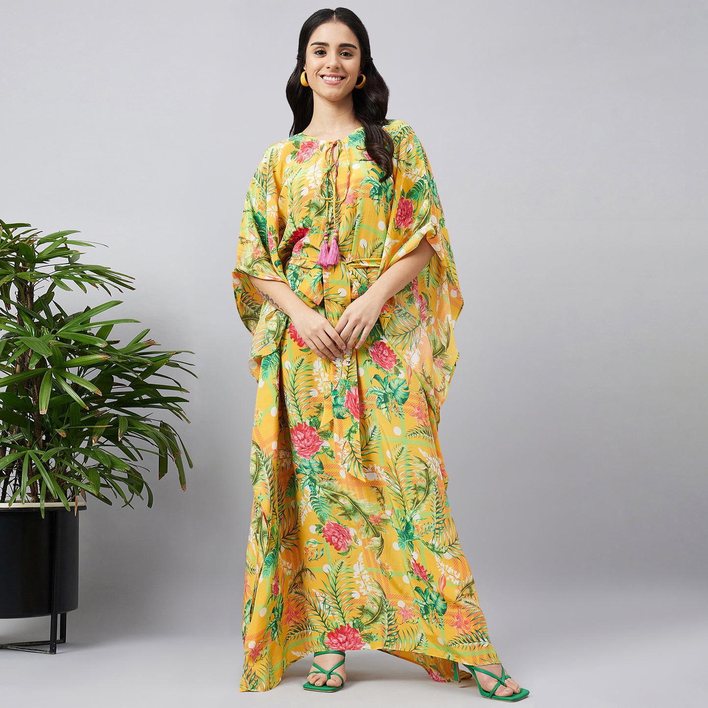 Yellow and Green Jungle Print Full Length Kaftan