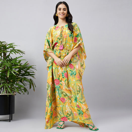 Yellow and Green Jungle Print Full Length Kaftan