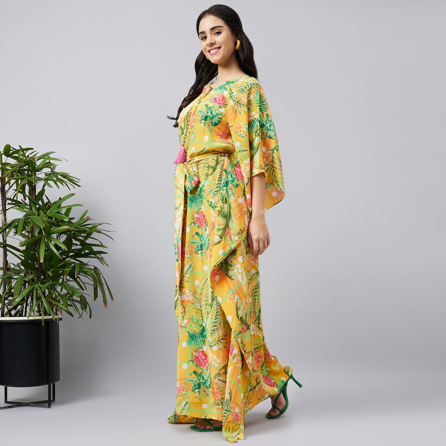 Yellow and Green Jungle Print Full Length Kaftan
