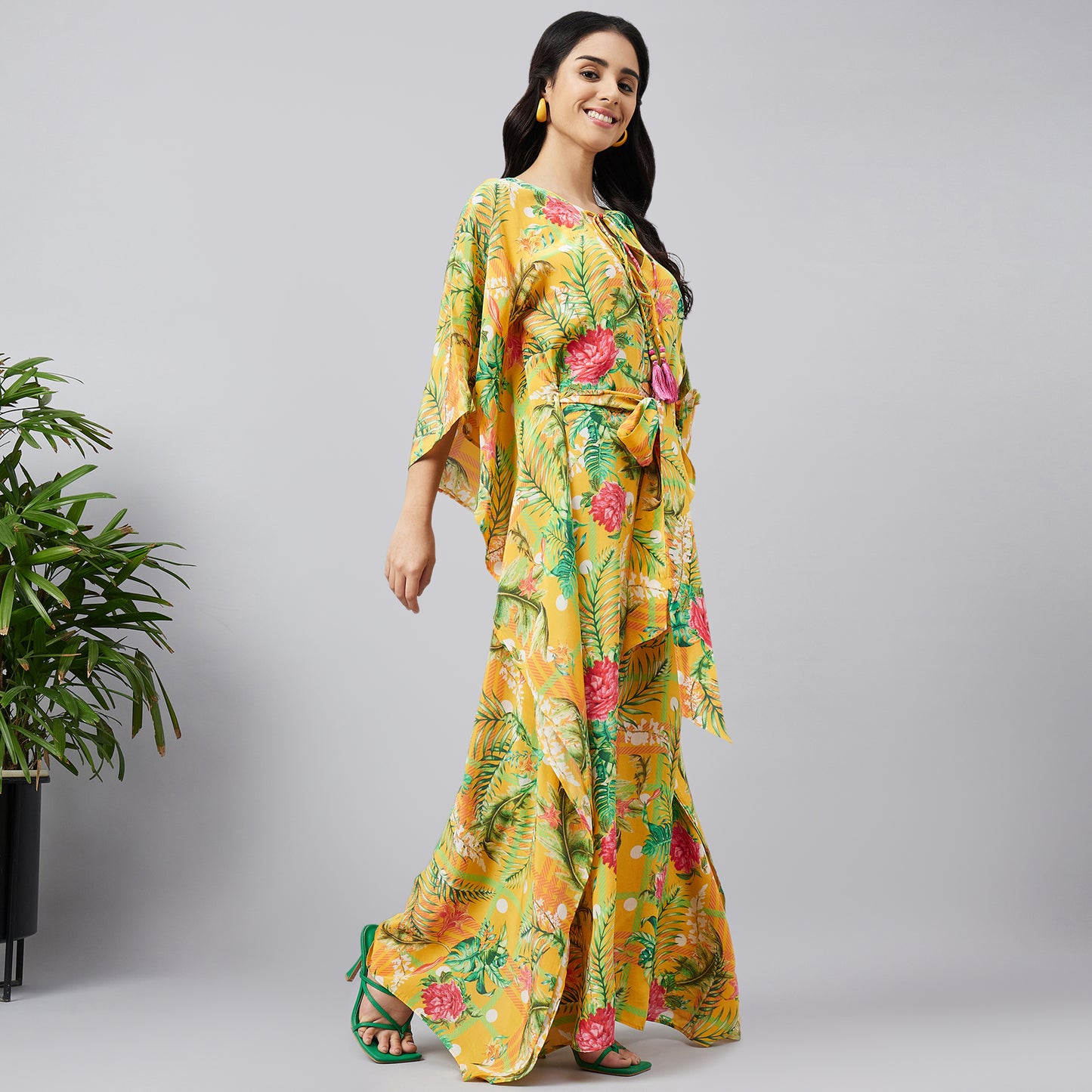 Yellow and Green Jungle Print Full Length Kaftan