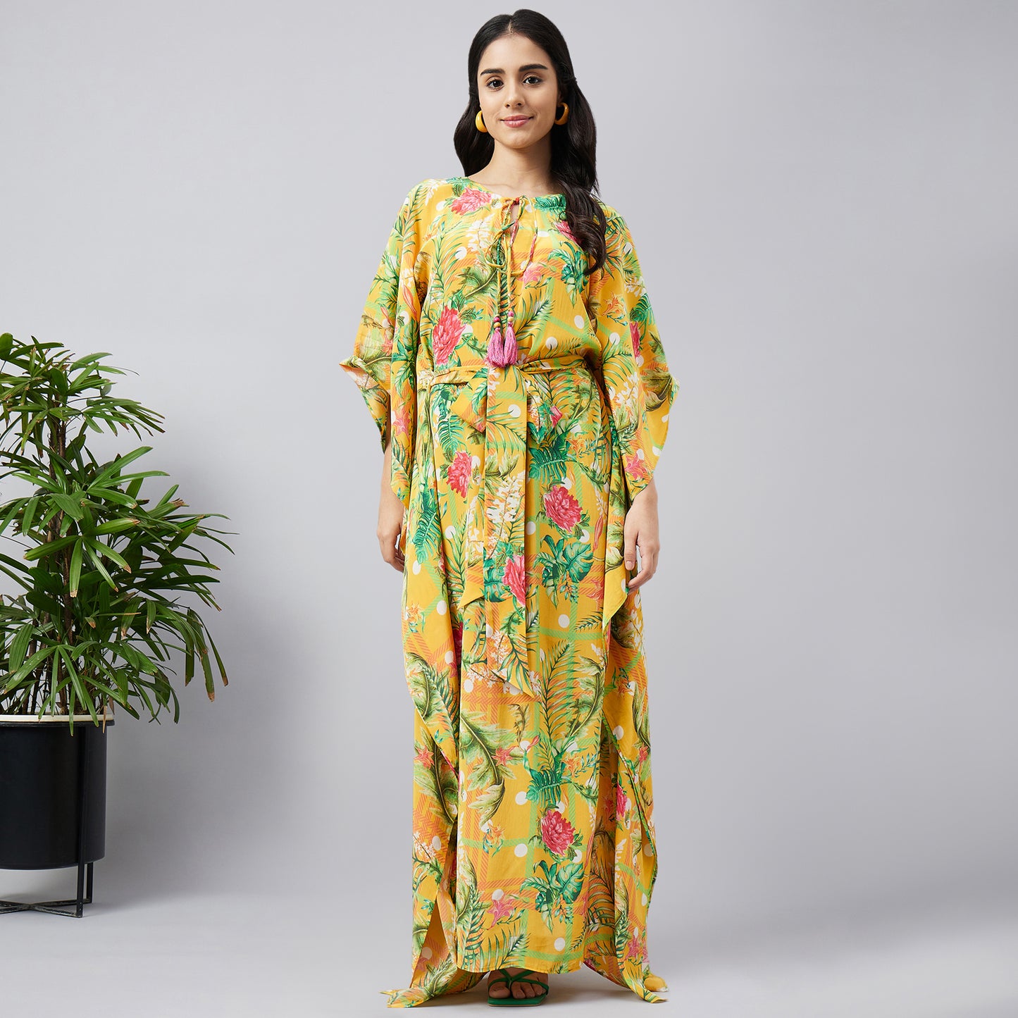 Yellow and Green Jungle Print Full Length Kaftan