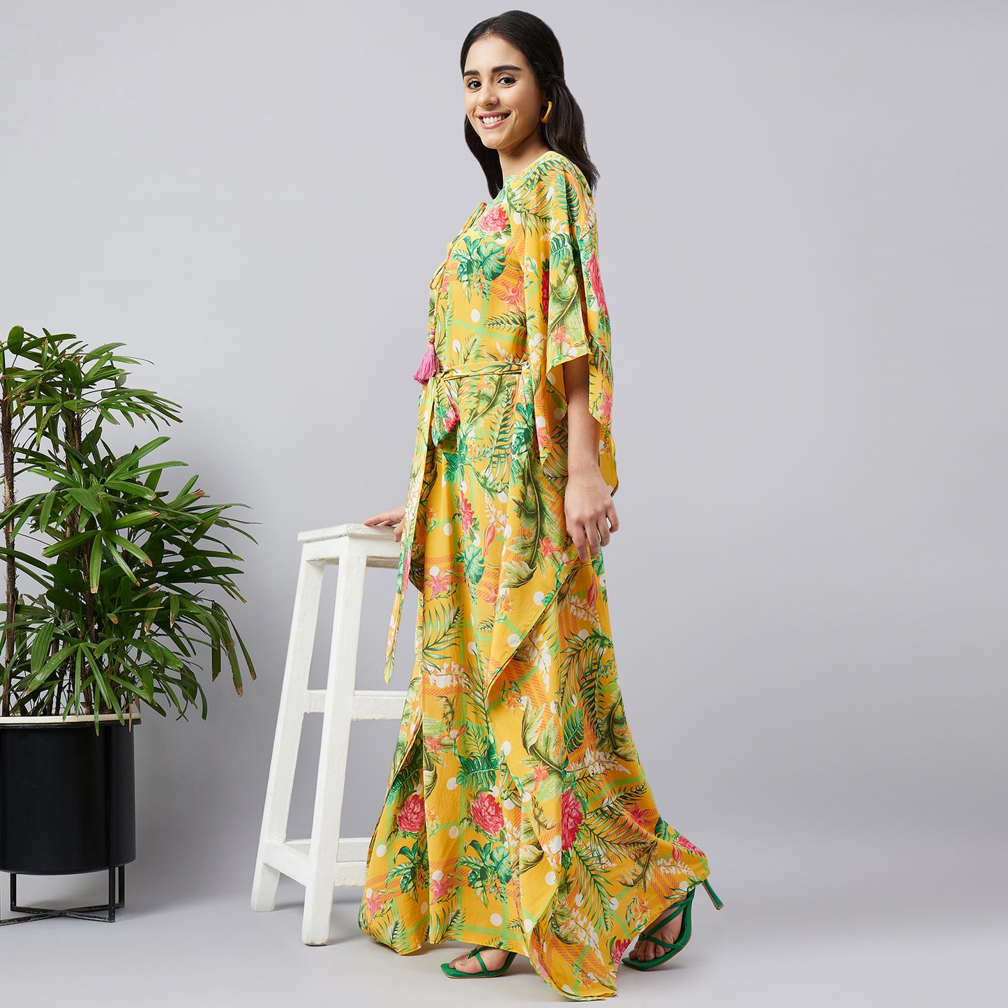 Yellow and Green Jungle Print Full Length Kaftan