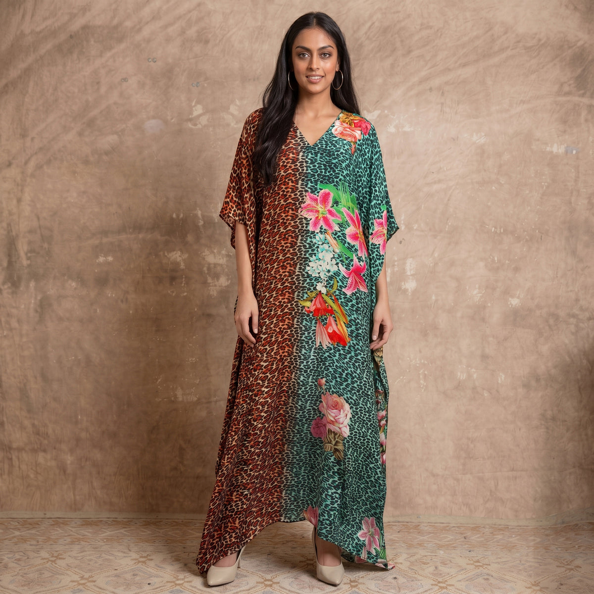 Brown And Turquoise Animal Print Kaftan for Women – Viscose Crepe | First Resort by Ramola Bachchan
